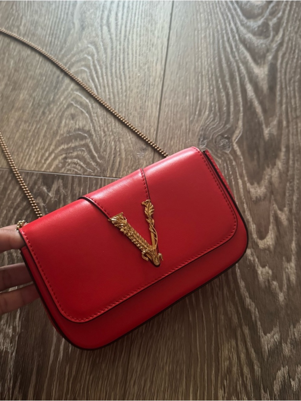 Versace Red Leather Crossbody with Gold V Emblem